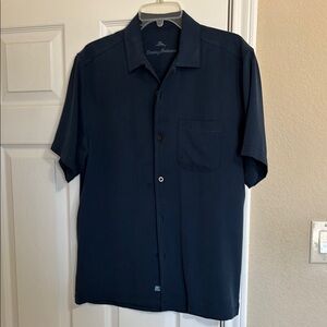 Tommy Bahama Navy Silk Herringbone Camp Collar Button Down Shirt